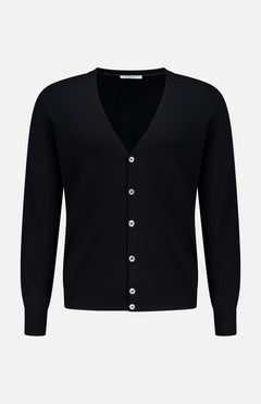 The GRAN SASSO Light Cardigan Sweater is a black, long-sleeve, V-neck wool blend cardigan featuring a button-down front, made in Italy and shown on a plain white background.