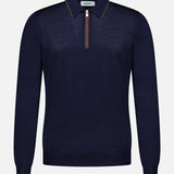 Introducing the Quarter Zip Polo Sweater by GRAN SASSO, a navy blue long-sleeve piece expertly crafted in Italy from a luxurious wool silk blend. This refined sweater features a brown zipper and brown trim on the collar, elegantly displayed against a plain white background.