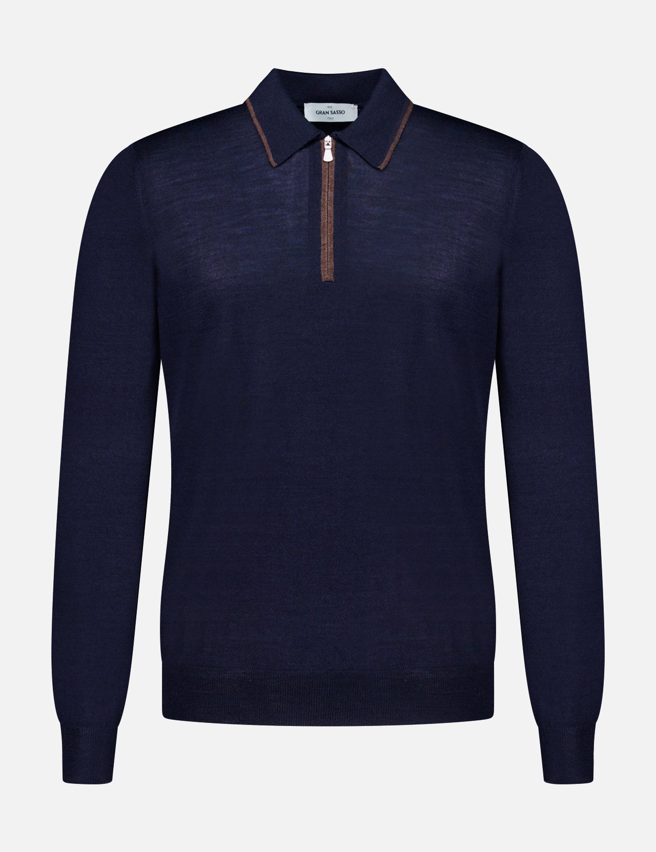 Introducing the Quarter Zip Polo Sweater by GRAN SASSO, a navy blue long-sleeve piece expertly crafted in Italy from a luxurious wool silk blend. This refined sweater features a brown zipper and brown trim on the collar, elegantly displayed against a plain white background.
