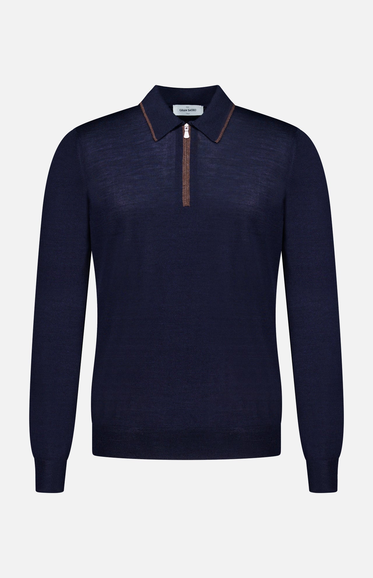 Introducing the Quarter Zip Polo Sweater by GRAN SASSO, a navy blue long-sleeve piece expertly crafted in Italy from a luxurious wool silk blend. This refined sweater features a brown zipper and brown trim on the collar, elegantly displayed against a plain white background.