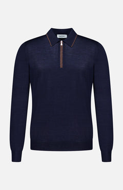Introducing the Quarter Zip Polo Sweater by GRAN SASSO, a navy blue long-sleeve piece expertly crafted in Italy from a luxurious wool silk blend. This refined sweater features a brown zipper and brown trim on the collar, elegantly displayed against a plain white background.