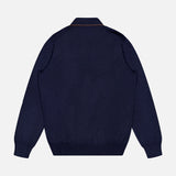 A back view of the GRAN SASSO Quarter Zip Polo Sweater in navy blue showcases its ribbed cuffs, ribbed hem, and smart collar. Expertly crafted in Italy from a luxurious wool-silk blend, this sweater features a clean and understated design with no visible logos or patterns.