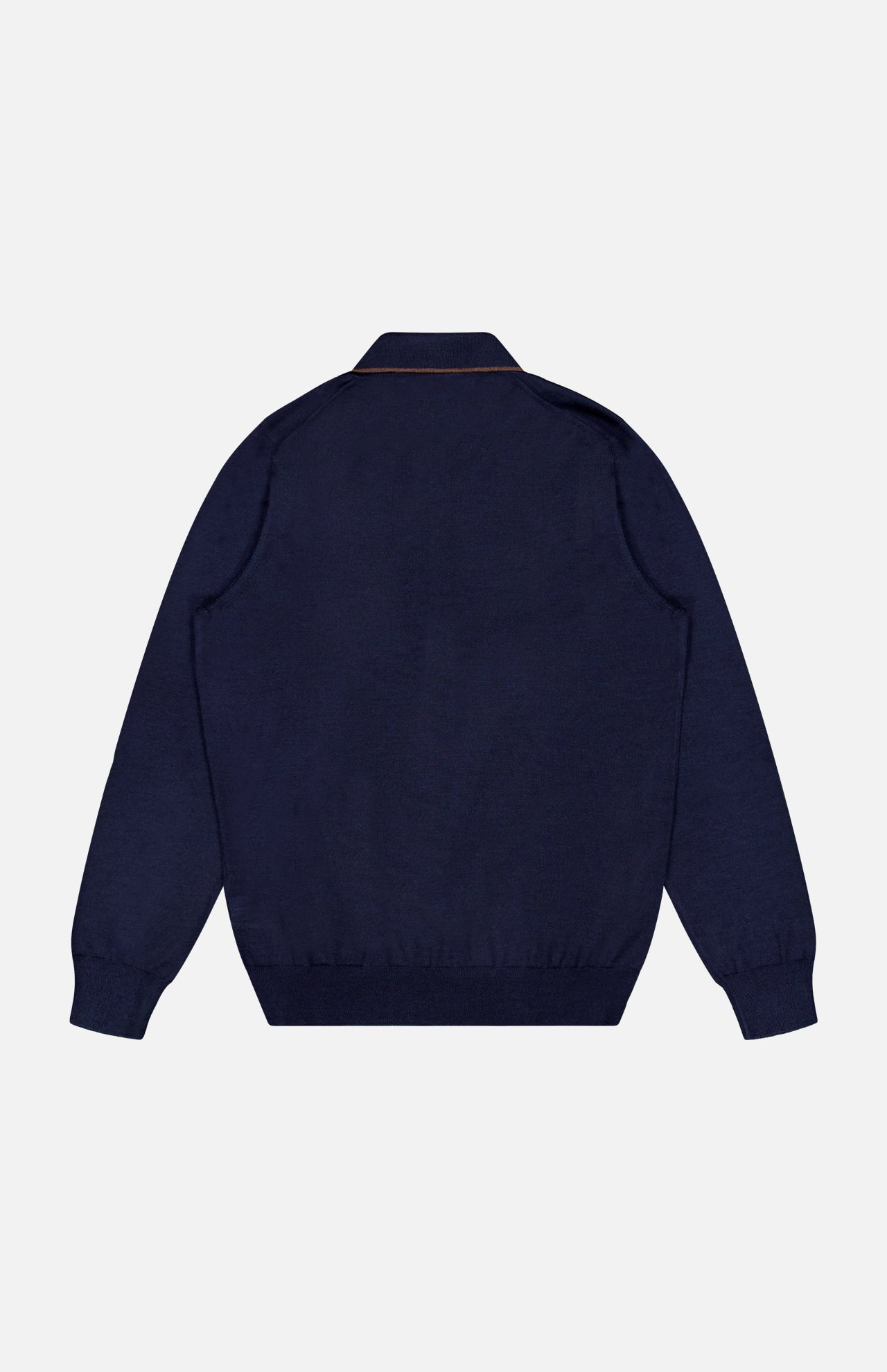 A back view of the GRAN SASSO Quarter Zip Polo Sweater in navy blue showcases its ribbed cuffs, ribbed hem, and smart collar. Expertly crafted in Italy from a luxurious wool-silk blend, this sweater features a clean and understated design with no visible logos or patterns.