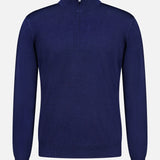 The GRAN SASSO Quarter Zip Wool Sweater, crafted in Italy from pure wool, features a dark blue color, long sleeves, and a refined collar; displayed against a white background.