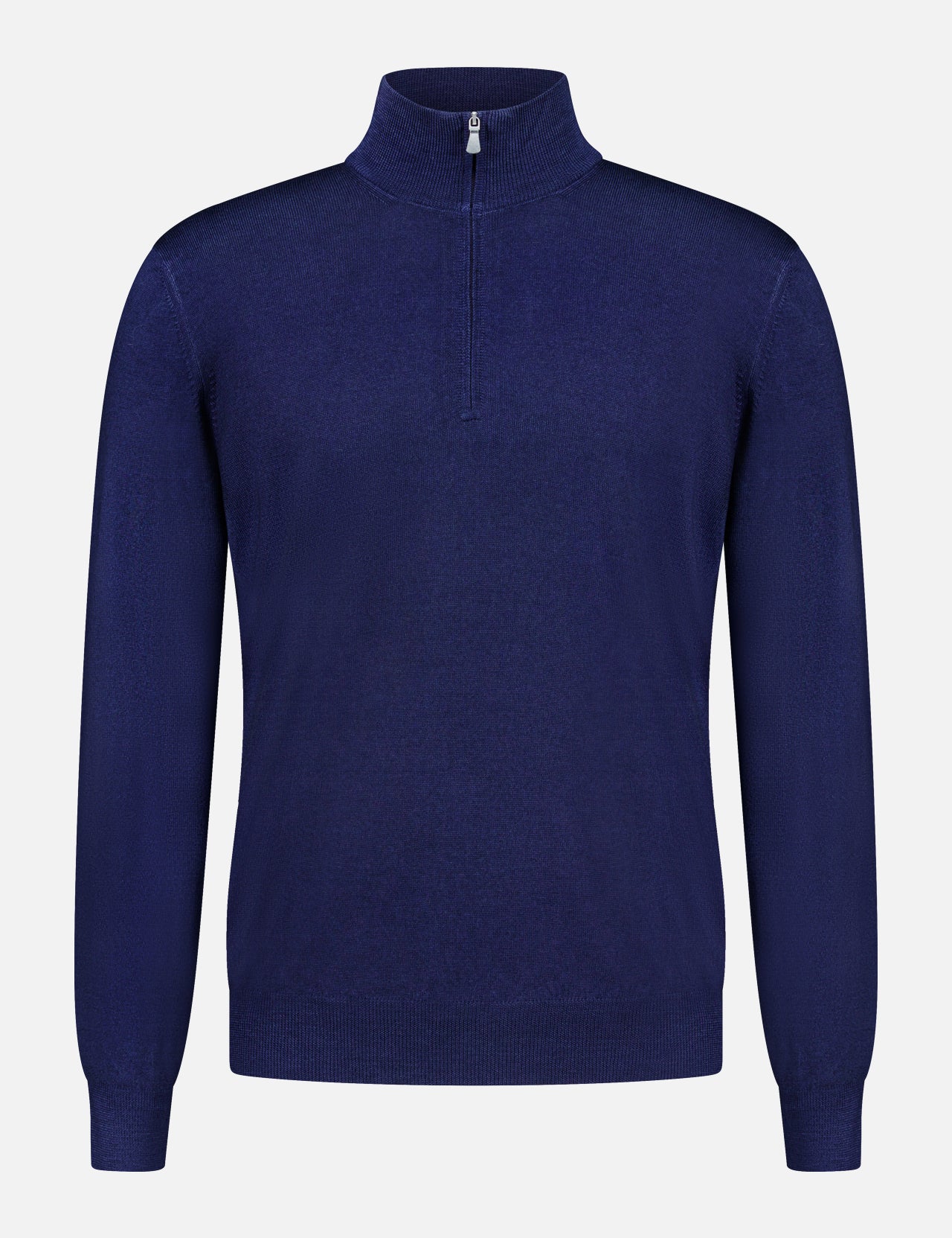 The GRAN SASSO Quarter Zip Wool Sweater, crafted in Italy from pure wool, features a dark blue color, long sleeves, and a refined collar; displayed against a white background.