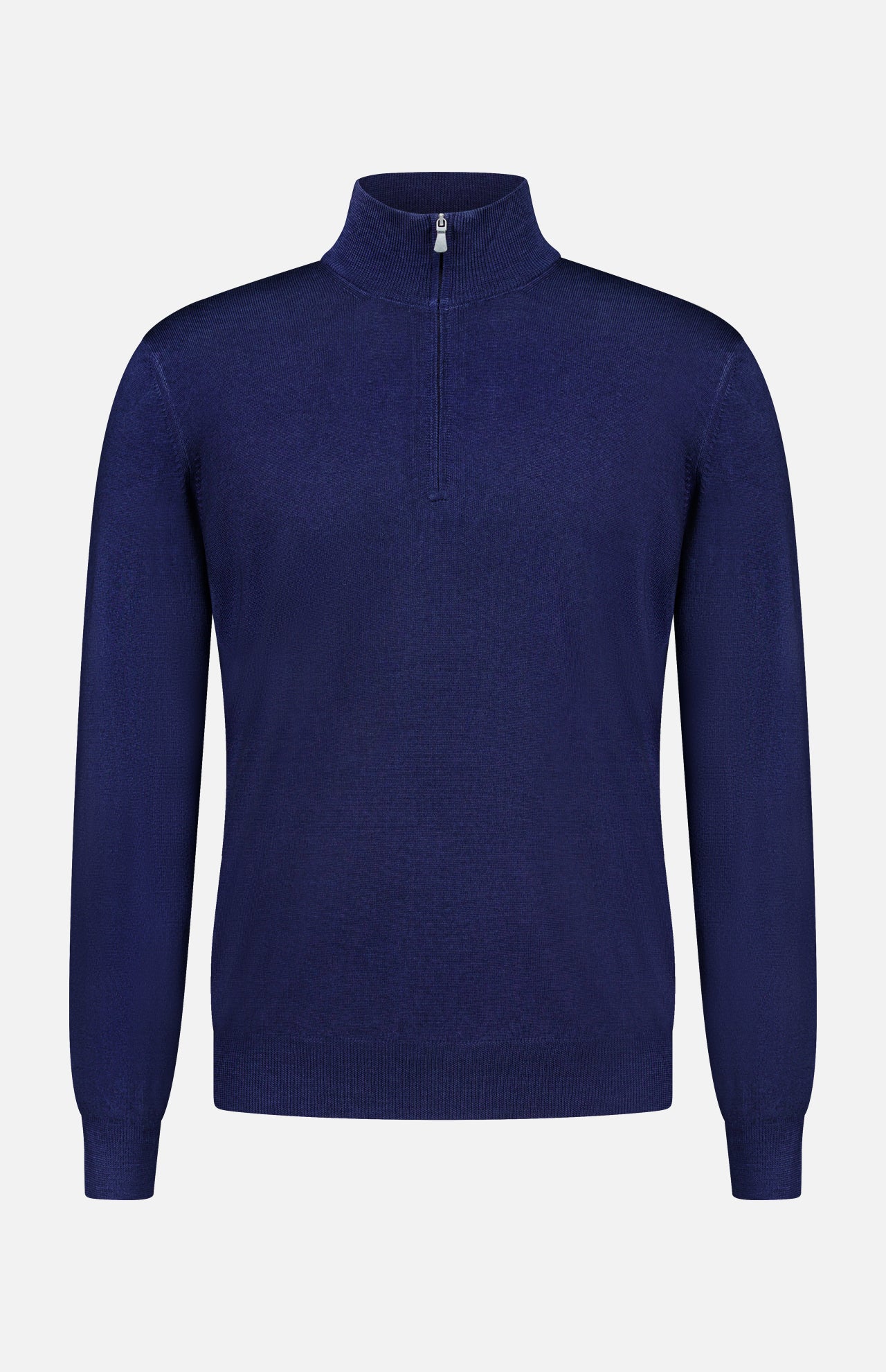 The GRAN SASSO Quarter Zip Wool Sweater, crafted in Italy from pure wool, features a dark blue color, long sleeves, and a refined collar; displayed against a white background.