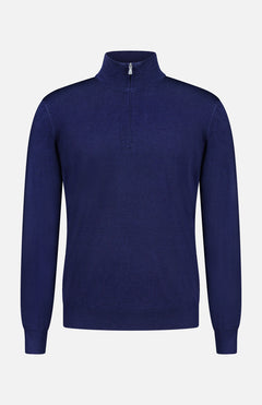 The GRAN SASSO Quarter Zip Wool Sweater, crafted in Italy from pure wool, features a dark blue color, long sleeves, and a refined collar; displayed against a white background.