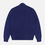 A GRAN SASSO Quarter Zip Wool Sweater in dark blue is displayed laid flat with the back side facing up against a white background. Expertly crafted in Italy from pure wool, this long-sleeve sweater combines comfort with timeless style.