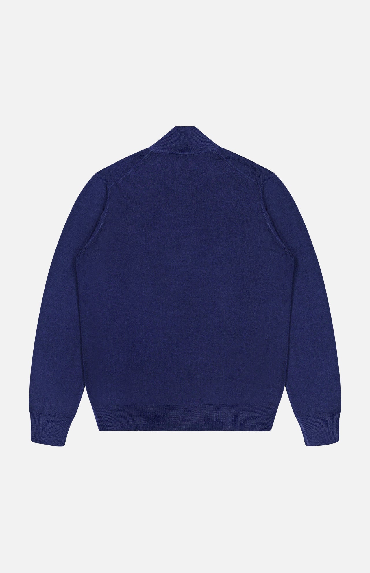 A GRAN SASSO Quarter Zip Wool Sweater in dark blue is displayed laid flat with the back side facing up against a white background. Expertly crafted in Italy from pure wool, this long-sleeve sweater combines comfort with timeless style.