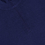 Close-up of the GRAN SASSO Quarter Zip Wool Sweater in dark blue, made in Italy, featuring a short zipper at the collar.