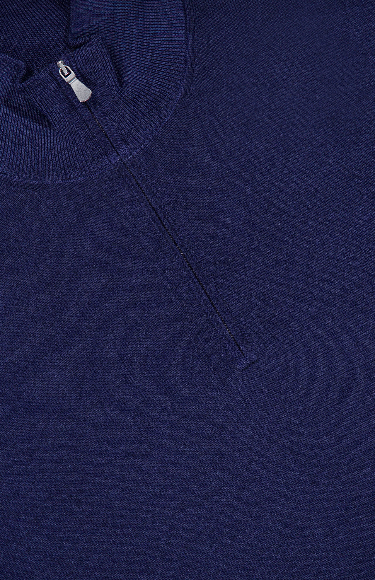 Close-up of the GRAN SASSO Quarter Zip Wool Sweater in dark blue, made in Italy, featuring a short zipper at the collar.