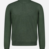 The GRAN SASSO Quarter Zip Wool Sweater is a plain forest green long-sleeve piece, crafted from virgin wool with ribbed cuffs, hem, and collar. Made in Italy, it features a quarter zip and is shown against a white background.