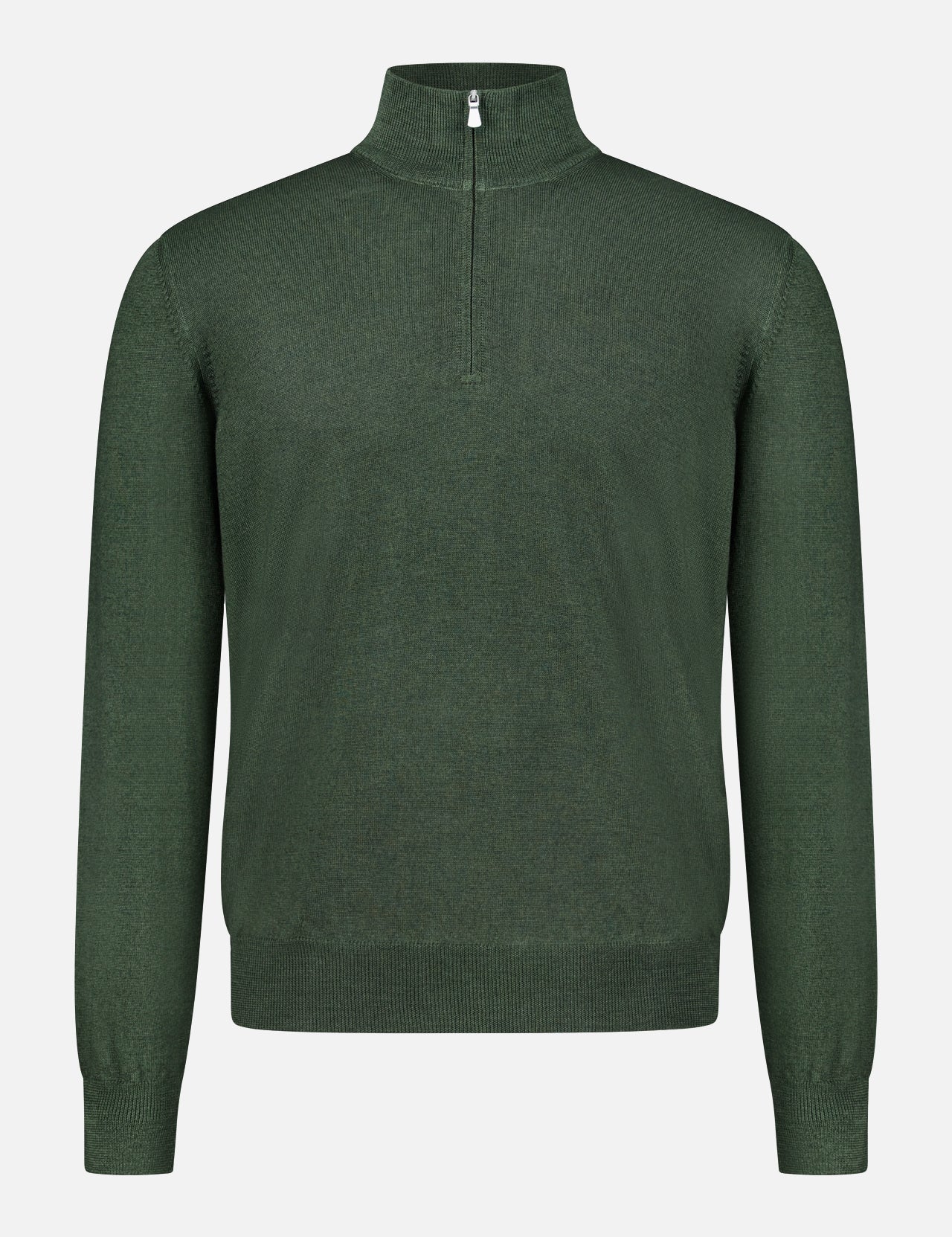 The GRAN SASSO Quarter Zip Wool Sweater is a plain forest green long-sleeve piece, crafted from virgin wool with ribbed cuffs, hem, and collar. Made in Italy, it features a quarter zip and is shown against a white background.