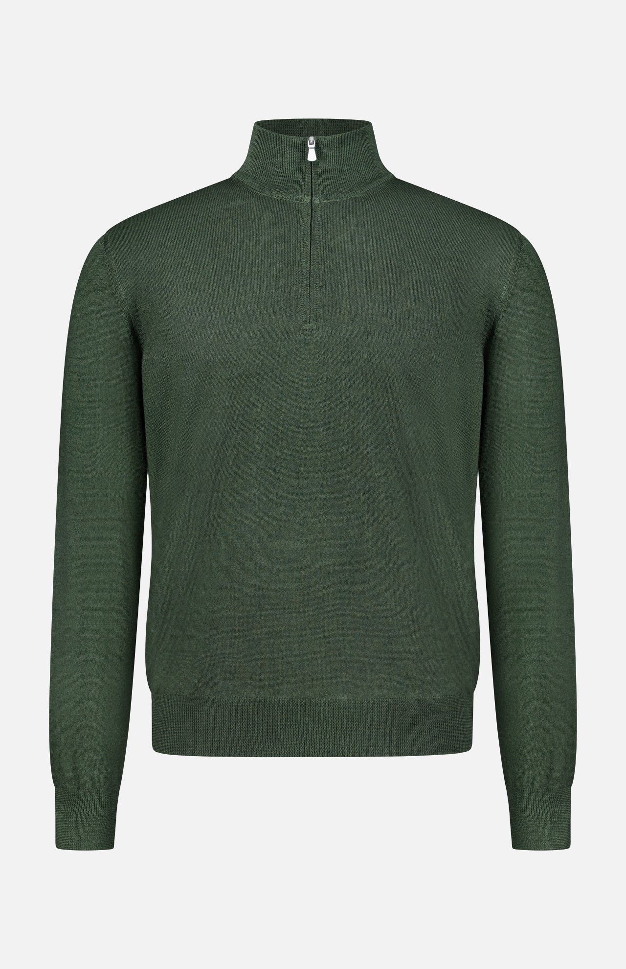 The GRAN SASSO Quarter Zip Wool Sweater is a plain forest green long-sleeve piece, crafted from virgin wool with ribbed cuffs, hem, and collar. Made in Italy, it features a quarter zip and is shown against a white background.