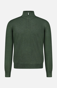 The GRAN SASSO Quarter Zip Wool Sweater is a plain forest green long-sleeve piece, crafted from virgin wool with ribbed cuffs, hem, and collar. Made in Italy, it features a quarter zip and is shown against a white background.