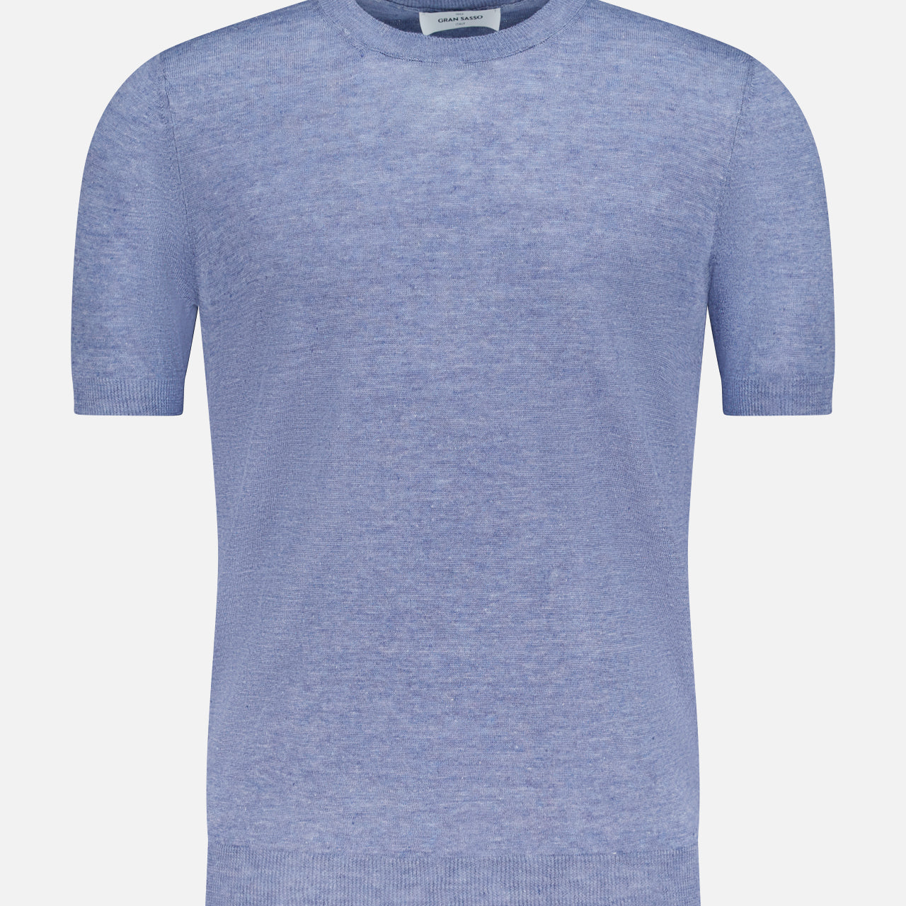 The GRAN SASSO Short Sleeve Crewneck Top is a light blue knit with a subtle heathered texture, made in Italy and shown on a plain white background.
