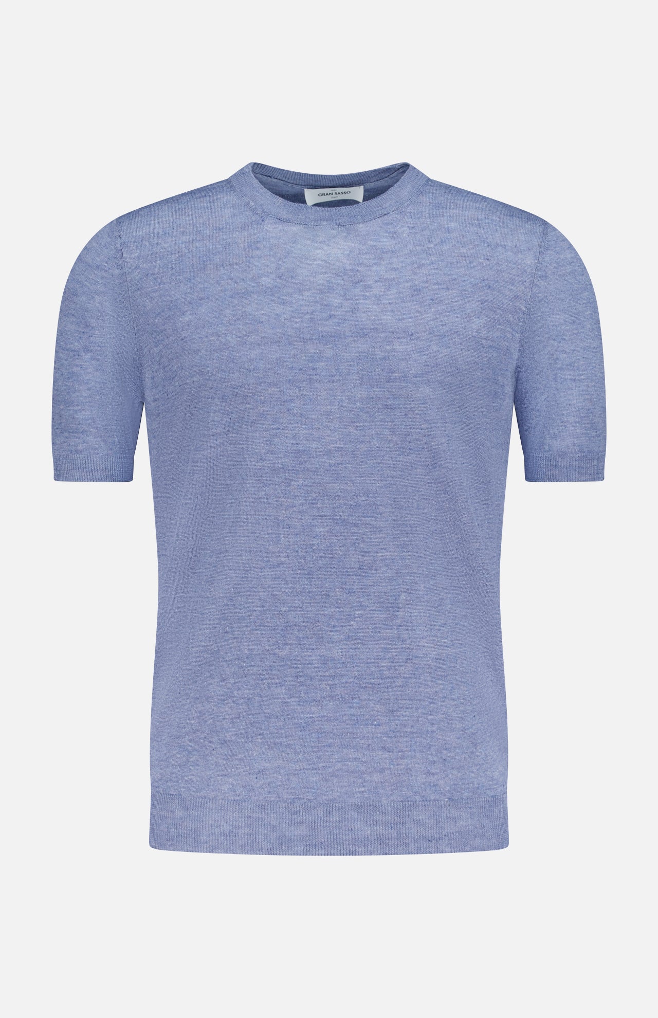 The GRAN SASSO Short Sleeve Crewneck Top is a light blue knit with a subtle heathered texture, made in Italy and shown on a plain white background.
