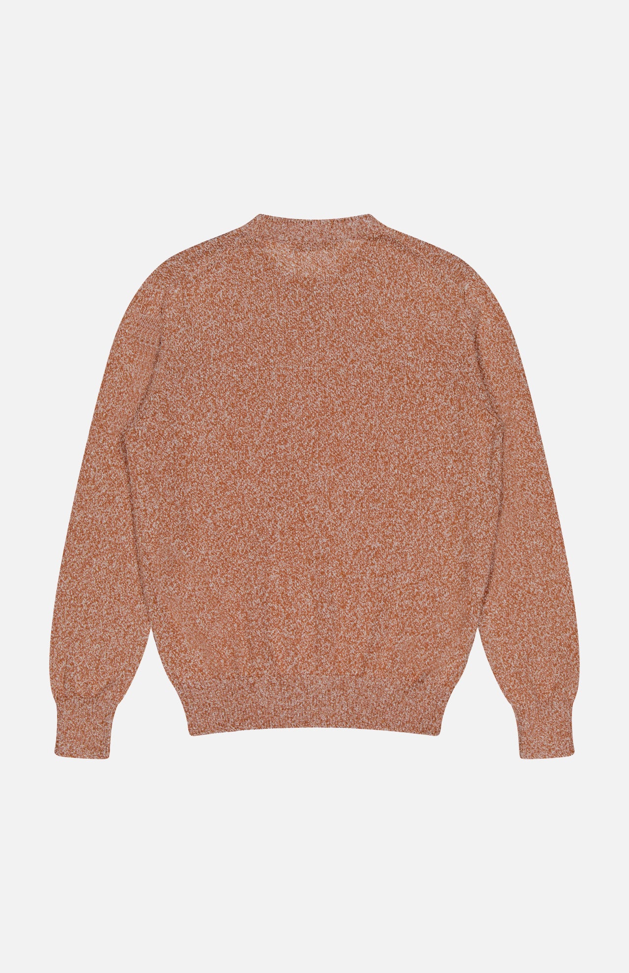 The GRAN SASSO Speckled Crewneck Sweater, a brown long-sleeve knit with ribbed cuffs and hem, is laid flat on a white background—perfect as a transitional piece for cooler weather.