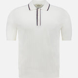 The GRAN SASSO Stitch Detailing Polo Shirt is a white, 100% cotton ribbed design with short sleeves, buttoned placket, and subtle contrast trim on the collar and placket, shown against a plain white background.
