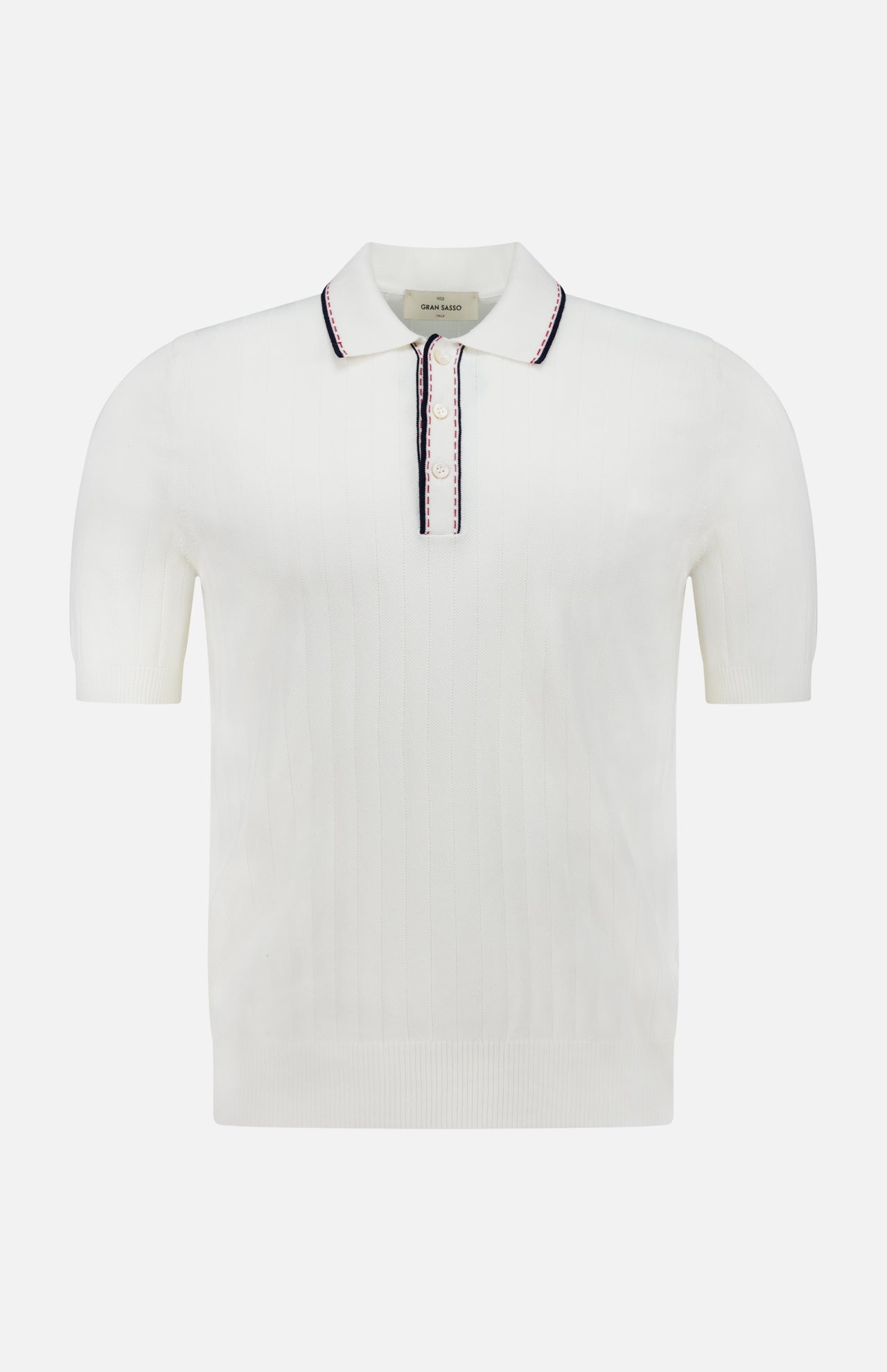 The GRAN SASSO Stitch Detailing Polo Shirt is a white, 100% cotton ribbed design with short sleeves, buttoned placket, and subtle contrast trim on the collar and placket, shown against a plain white background.