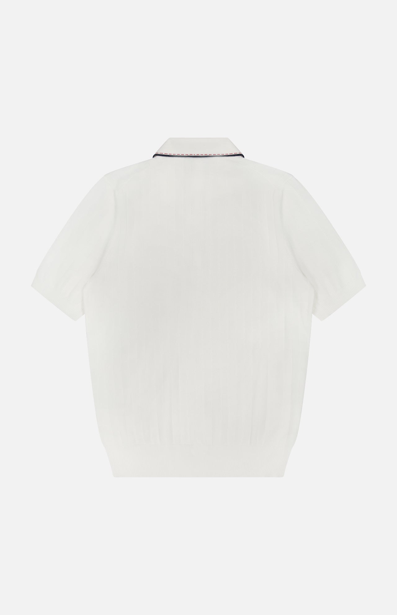 Back view of the GRAN SASSO Stitch Detailing Polo Shirt in white. This short-sleeved, 100% cotton shirt features a collar with a thin dark trim and ribbed hem, shown against a plain white background.