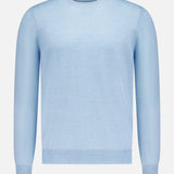 The GRAN SASSO Suede Elbow Patch Crewneck Sweater in light blue is crafted from soft virgin wool and features ribbed cuffs, hem, and collar, with subtle suede patches on the elbows for added style. Shown against a plain white background.