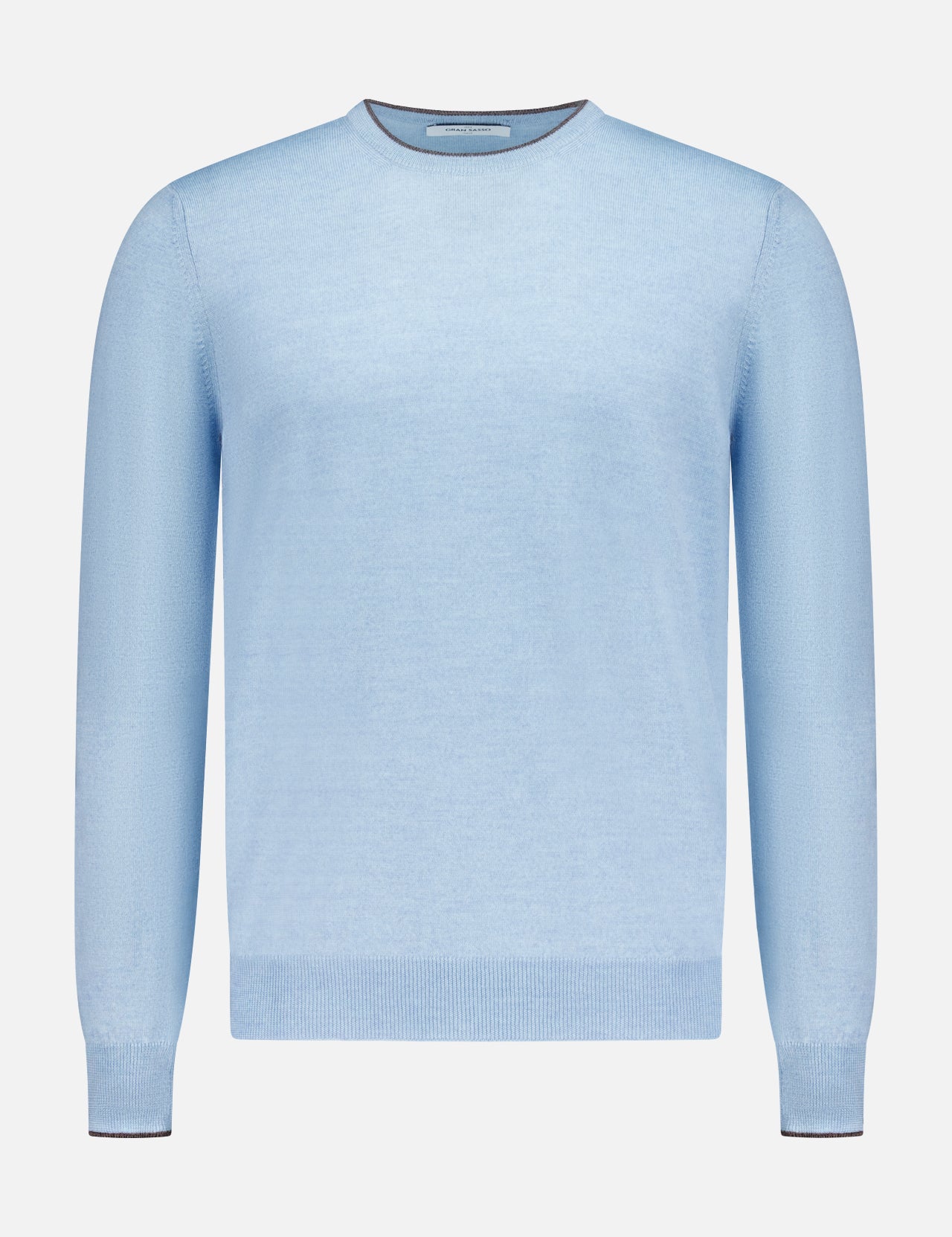The GRAN SASSO Suede Elbow Patch Crewneck Sweater in light blue is crafted from soft virgin wool and features ribbed cuffs, hem, and collar, with subtle suede patches on the elbows for added style. Shown against a plain white background.