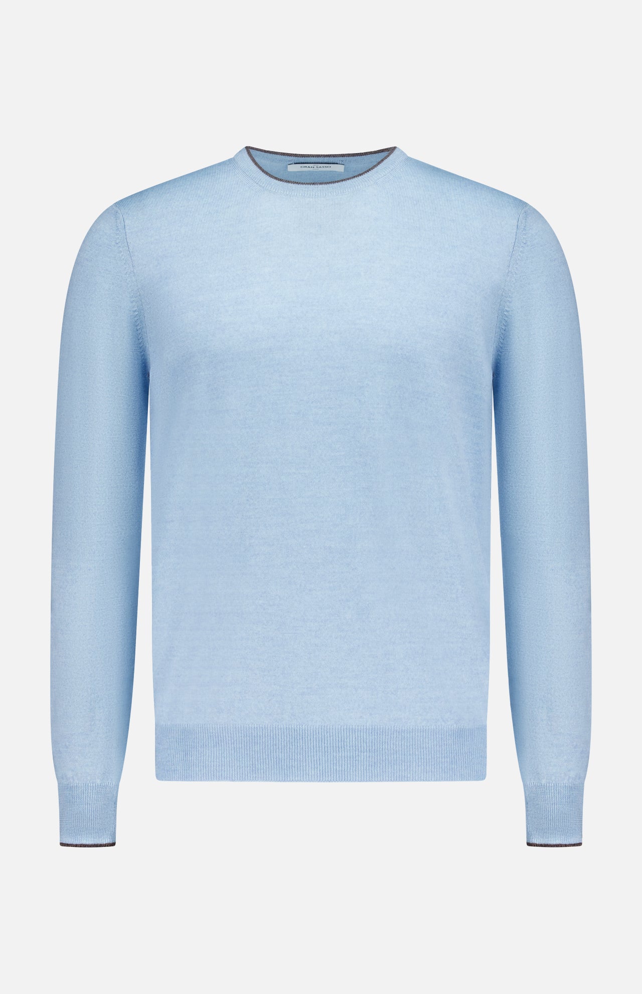 The GRAN SASSO Suede Elbow Patch Crewneck Sweater in light blue is crafted from soft virgin wool and features ribbed cuffs, hem, and collar, with subtle suede patches on the elbows for added style. Shown against a plain white background.