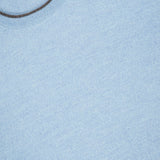 Close-up of the GRAN SASSO Suede Elbow Patch Crewneck Sweater in light blue, highlighting the collar and the finely knit texture crafted from soft virgin wool. A small white clothing label with text is visible near the neckline at the top left.