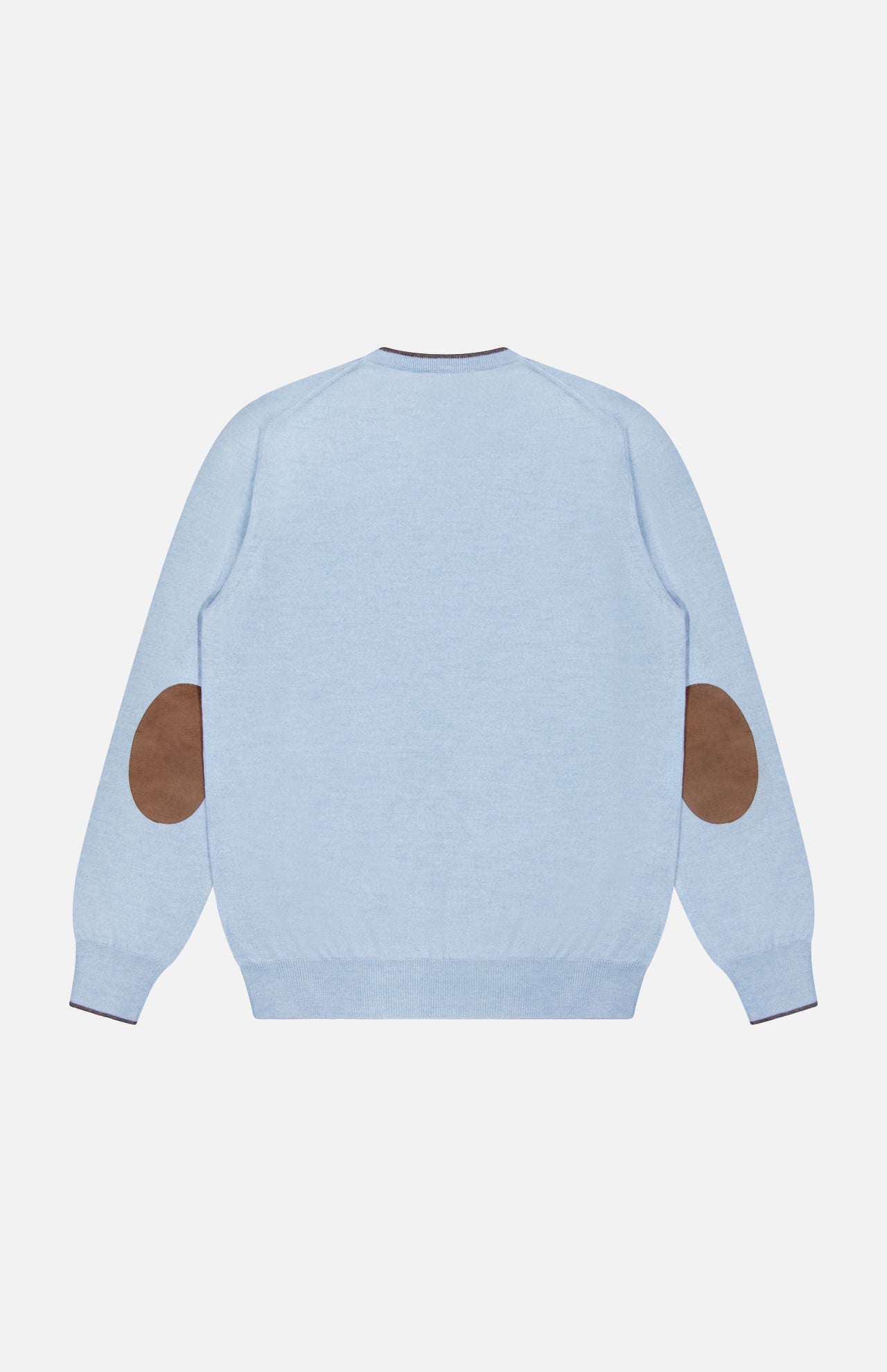 The GRAN SASSO Suede Elbow Patch Crewneck Sweater, shown in light blue and viewed from the back, is crafted from virgin wool and features brown suede elbow patches along with ribbed cuffs and hem.