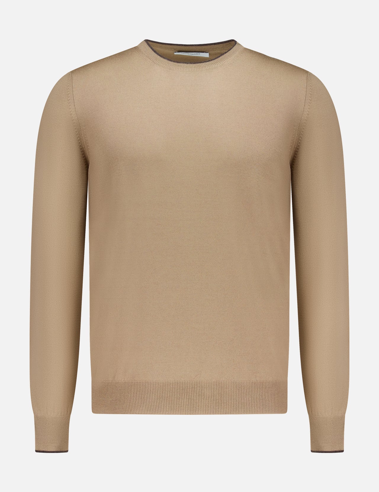A GRAN SASSO Suede Elbow Patch Crewneck Sweater is displayed against a white background. Crafted from soft virgin wool, this tan long-sleeve sweater features classic ribbed cuffs, hem, and neckline, enhanced by distinctive suede elbow patches for a timeless design.