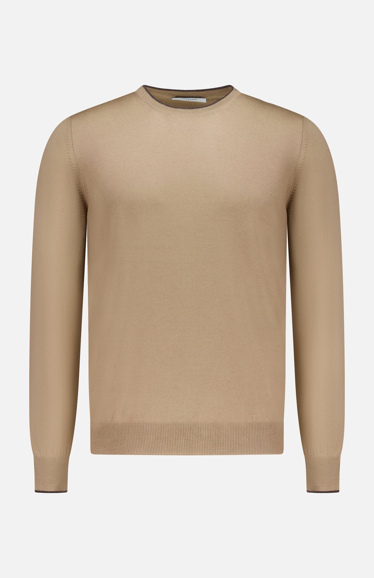 A GRAN SASSO Suede Elbow Patch Crewneck Sweater is displayed against a white background. Crafted from soft virgin wool, this tan long-sleeve sweater features classic ribbed cuffs, hem, and neckline, enhanced by distinctive suede elbow patches for a timeless design.