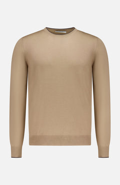 A GRAN SASSO Suede Elbow Patch Crewneck Sweater is displayed against a white background. Crafted from soft virgin wool, this tan long-sleeve sweater features classic ribbed cuffs, hem, and neckline, enhanced by distinctive suede elbow patches for a timeless design.