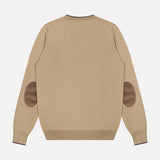 The GRAN SASSO Suede Elbow Patch Crewneck Sweater is shown from the back in a beige tan knit, featuring brown suede elbow patches on both sleeves. Crafted from virgin wool, this sweater boasts a simple design with ribbed cuffs and hem.