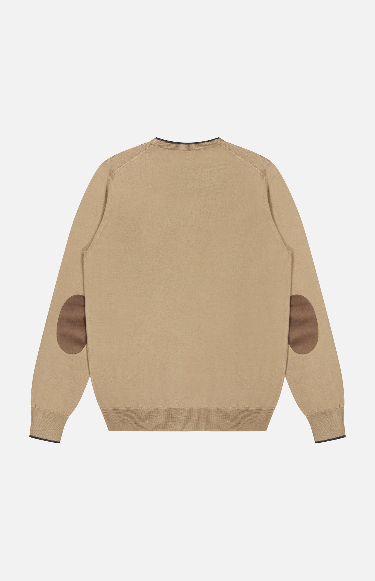 The GRAN SASSO Suede Elbow Patch Crewneck Sweater is shown from the back in a beige tan knit, featuring brown suede elbow patches on both sleeves. Crafted from virgin wool, this sweater boasts a simple design with ribbed cuffs and hem.