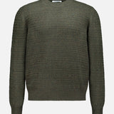 The GRAN SASSO Tonal Fair Isle Sweater is a long-sleeve, dark green knit with a round neckline and ribbed cuffs and hem, displayed on a plain white background.