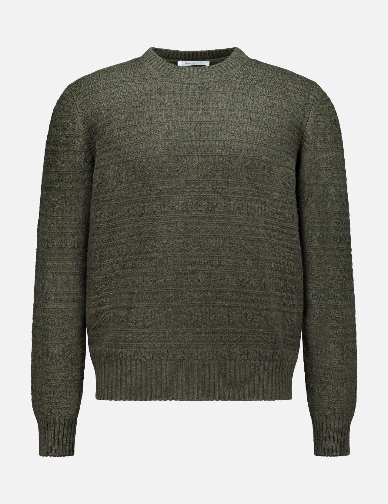 The GRAN SASSO Tonal Fair Isle Sweater is a long-sleeve, dark green knit with a round neckline and ribbed cuffs and hem, displayed on a plain white background.