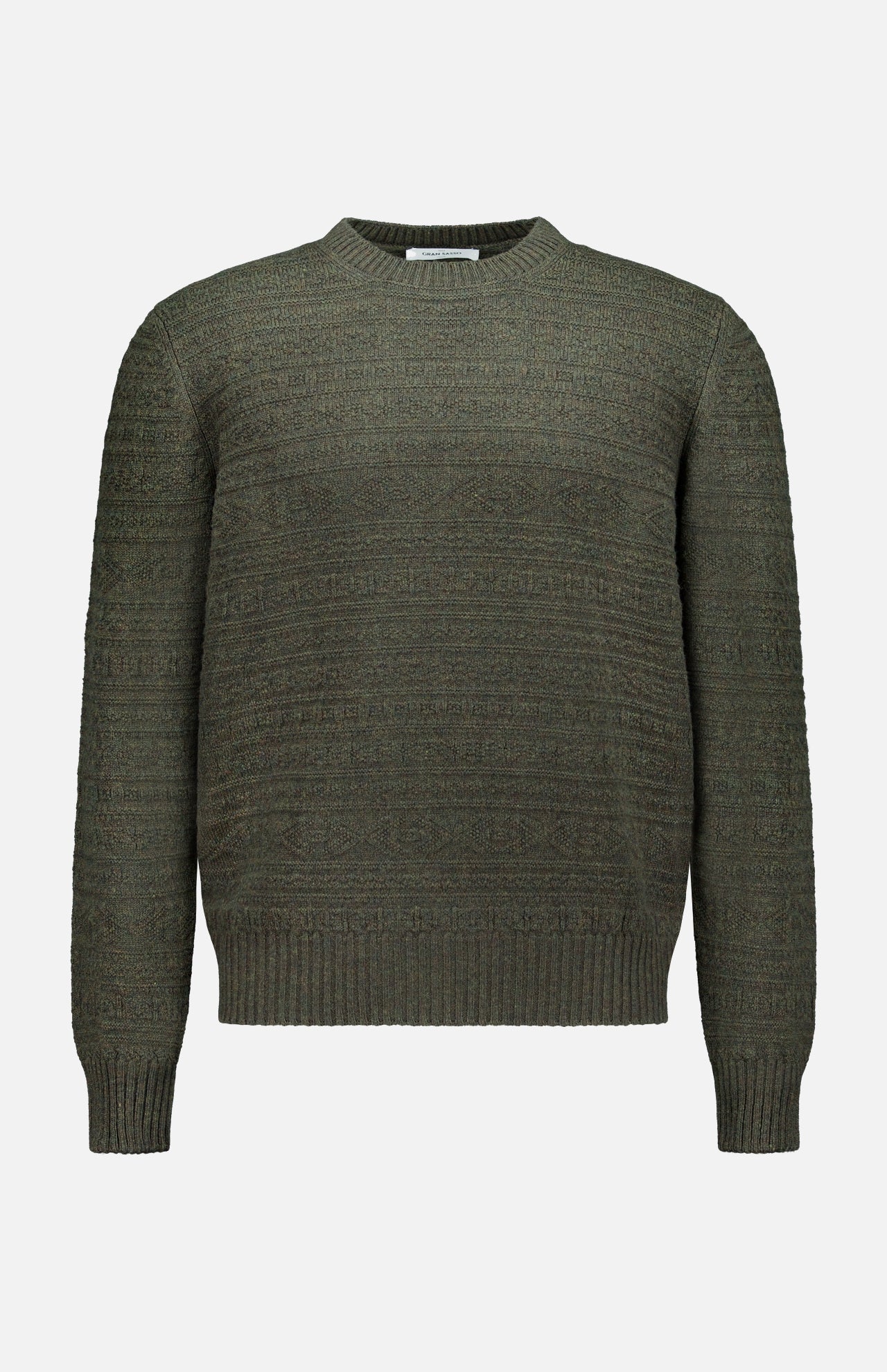 The GRAN SASSO Tonal Fair Isle Sweater is a long-sleeve, dark green knit with a round neckline and ribbed cuffs and hem, displayed on a plain white background.