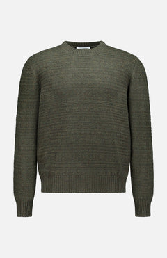 The GRAN SASSO Tonal Fair Isle Sweater is a long-sleeve, dark green knit with a round neckline and ribbed cuffs and hem, displayed on a plain white background.