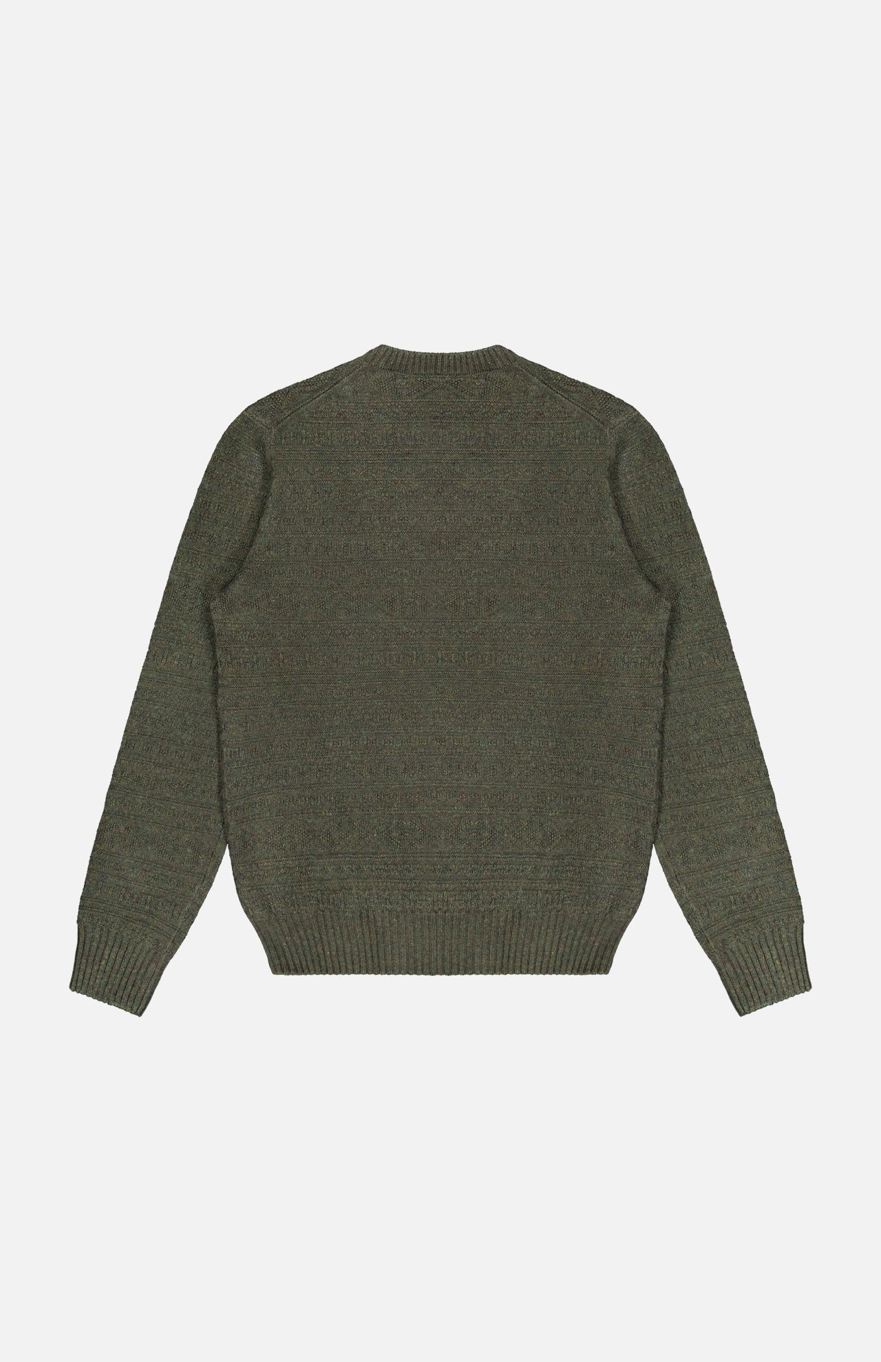 Back view of the GRAN SASSO Tonal Fair Isle Sweater, a long-sleeved, dark green knit made from soft virgin wool, featuring ribbed cuffs, hem, and neckline, displayed on a white background.