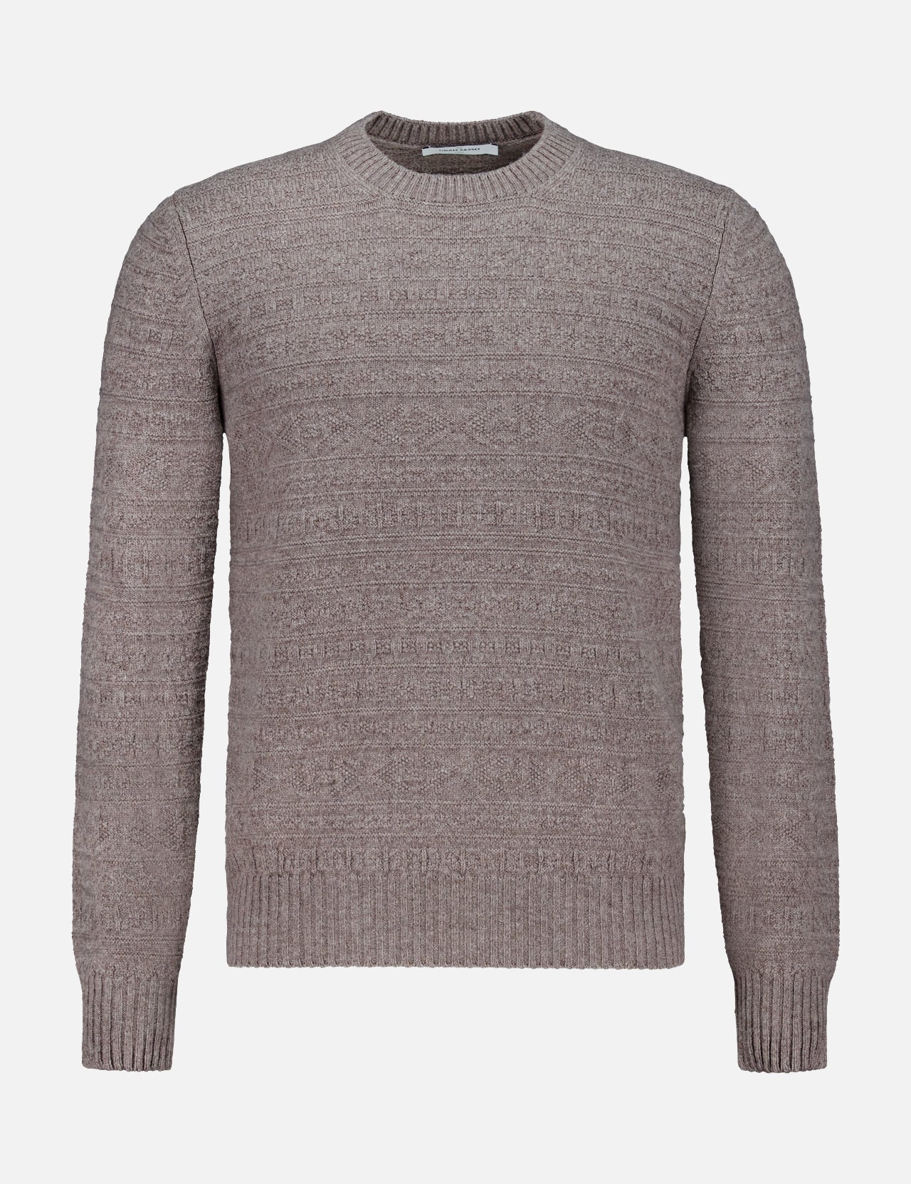 The GRAN SASSO Tonal Fair Isle Sweater is a light brown, long-sleeve knit featuring a crew neck, textured pattern, and ribbed cuffs and hem, shown against a plain white background.