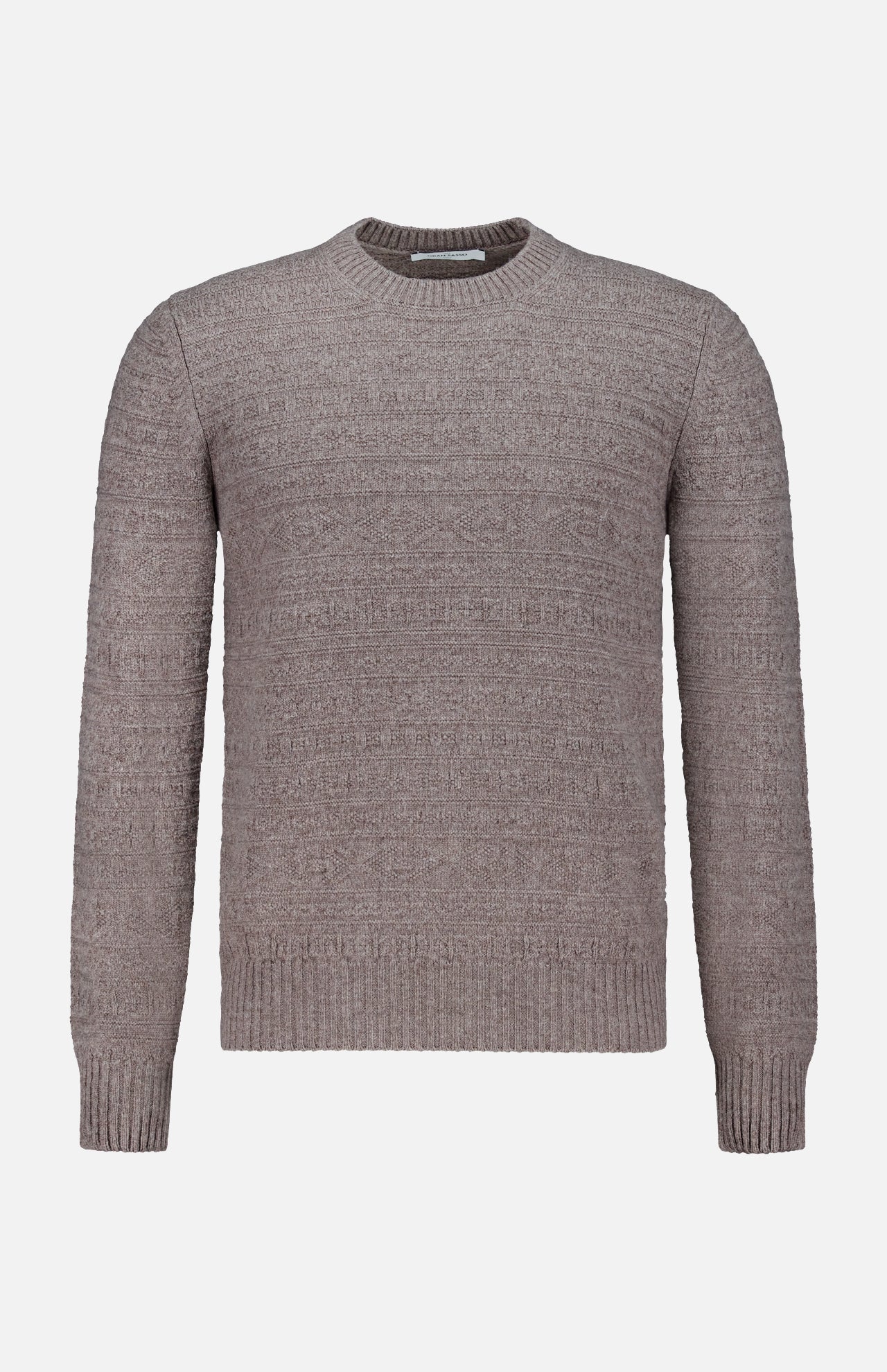 The GRAN SASSO Tonal Fair Isle Sweater is a light brown, long-sleeve knit featuring a crew neck, textured pattern, and ribbed cuffs and hem, shown against a plain white background.
