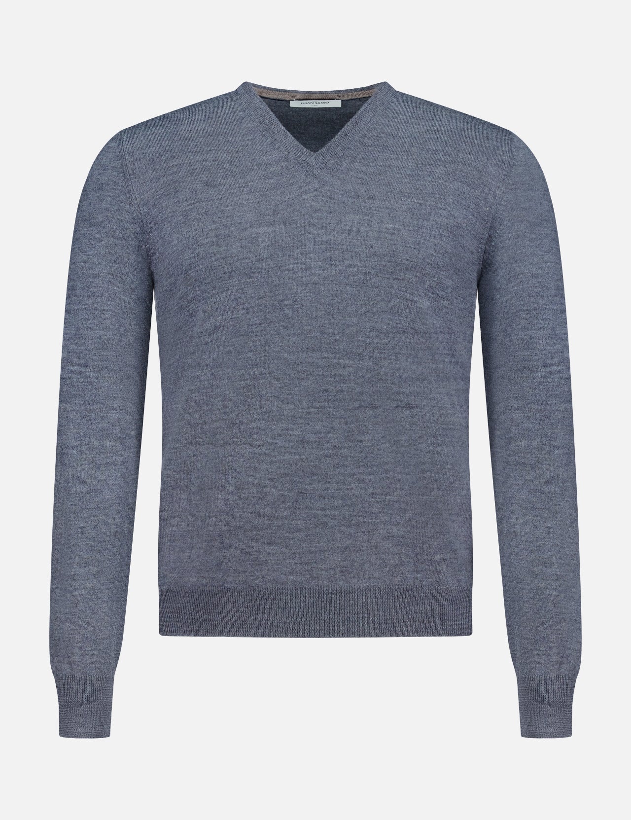 The GRAN SASSO V-Neck Virgin Wool Sweater is shown from the front on a plain white background, featuring a gray long-sleeve design with no visible logos or embellishments. Crafted in light grey virgin wool, this sweater offers timeless versatility and understated elegance.