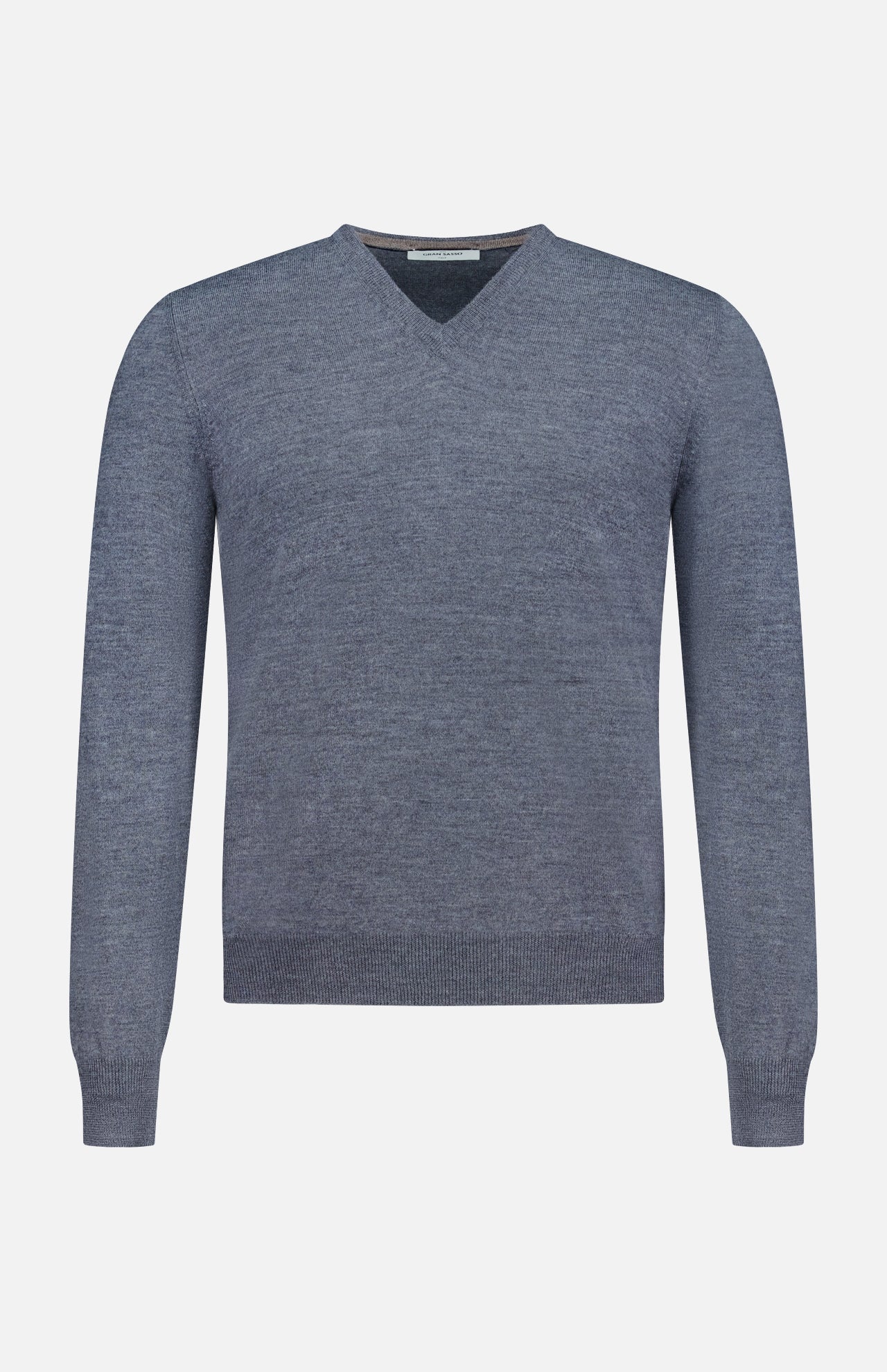 The GRAN SASSO V-Neck Virgin Wool Sweater is shown from the front on a plain white background, featuring a gray long-sleeve design with no visible logos or embellishments. Crafted in light grey virgin wool, this sweater offers timeless versatility and understated elegance.