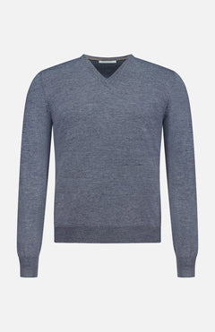 The GRAN SASSO V-Neck Virgin Wool Sweater is shown from the front on a plain white background, featuring a gray long-sleeve design with no visible logos or embellishments. Crafted in light grey virgin wool, this sweater offers timeless versatility and understated elegance.