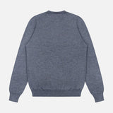 A heather gray, long-sleeved V-neck virgin wool sweater from GRAN SASSO is displayed flat with the back side facing up against a white background.