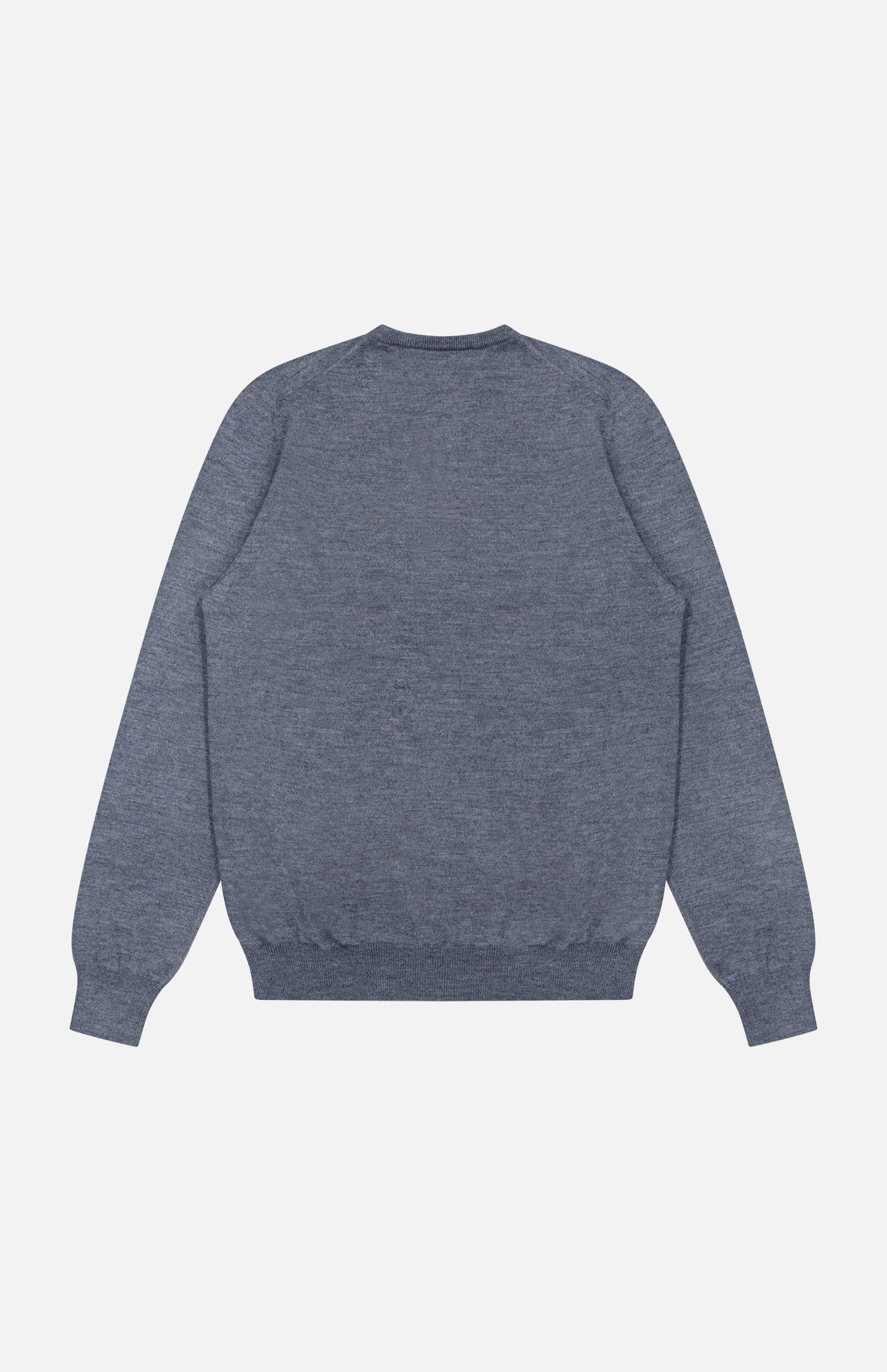A heather gray, long-sleeved V-neck virgin wool sweater from GRAN SASSO is displayed flat with the back side facing up against a white background.