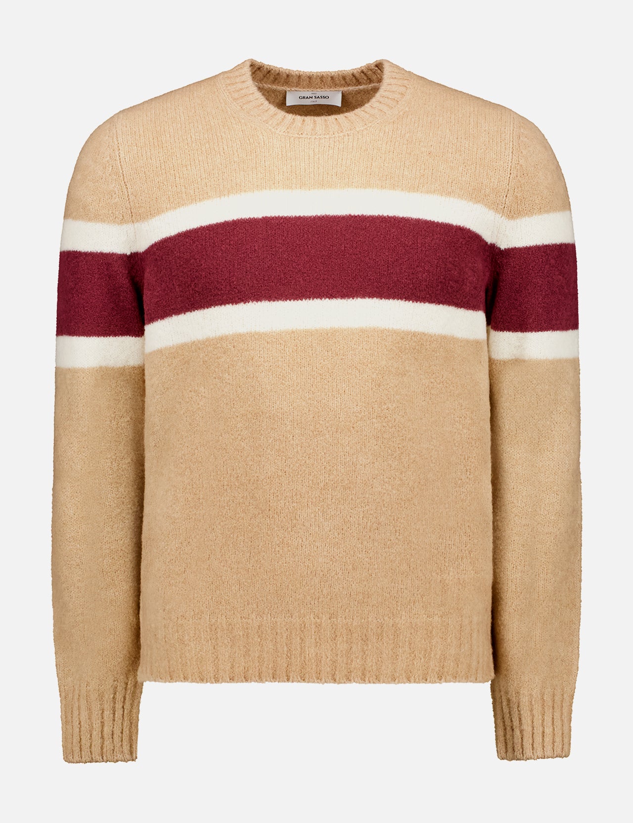 The GRAN SASSO Paricollo Crewneck Sweater is a tan, long-sleeve virgin wool piece made in Italy, featuring a bold maroon horizontal stripe bordered by thin white stripes.