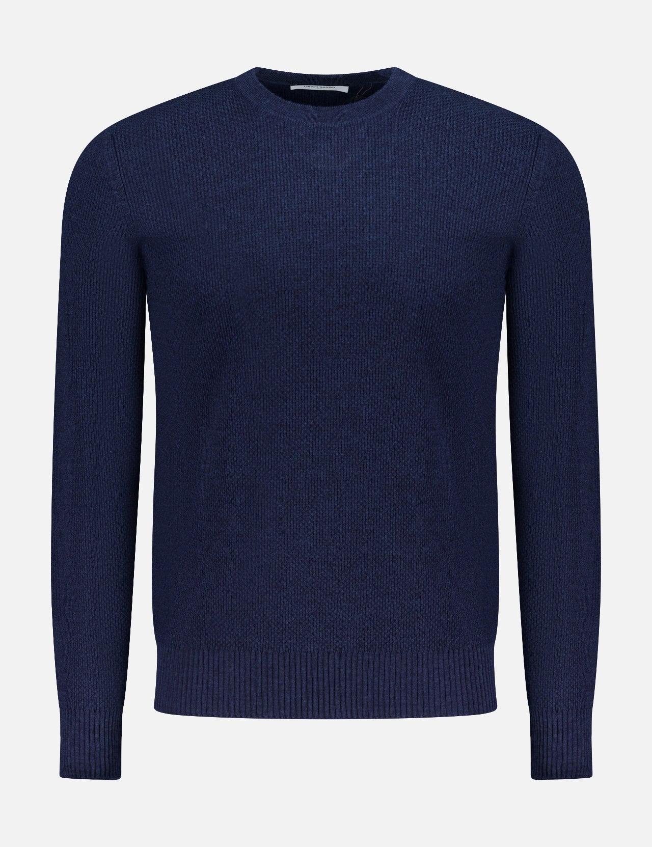 The GRAN SASSO Ribbed Wool Crewneck Sweater is a navy blue, long-sleeve knit made from soft virgin wool, shown on a light gray background.
