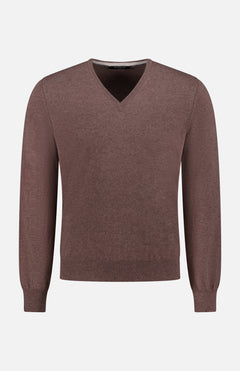 The GRAN SASSO V-Neck Cashmere Sweater features a plain light brown design with long sleeves, ribbed cuffs, and a ribbed hem, shown against a white background.